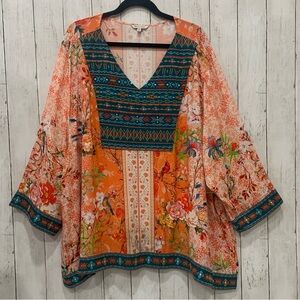 New John Mark Embroidered V-Neck 3/4 Sleeve Tunic Boho Western Top 3X Bird Print
